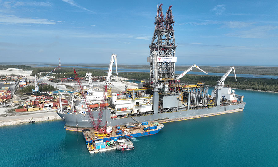 Drill rig Deepwater Invictus berthed at Freeport Harbour, the Bahamas.